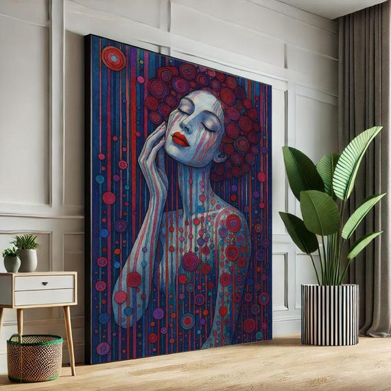 Blue Golden Tears Woman Canvas Art Klimt Inspired Emotional Female Portrait Dramatic Modern Wall Decor