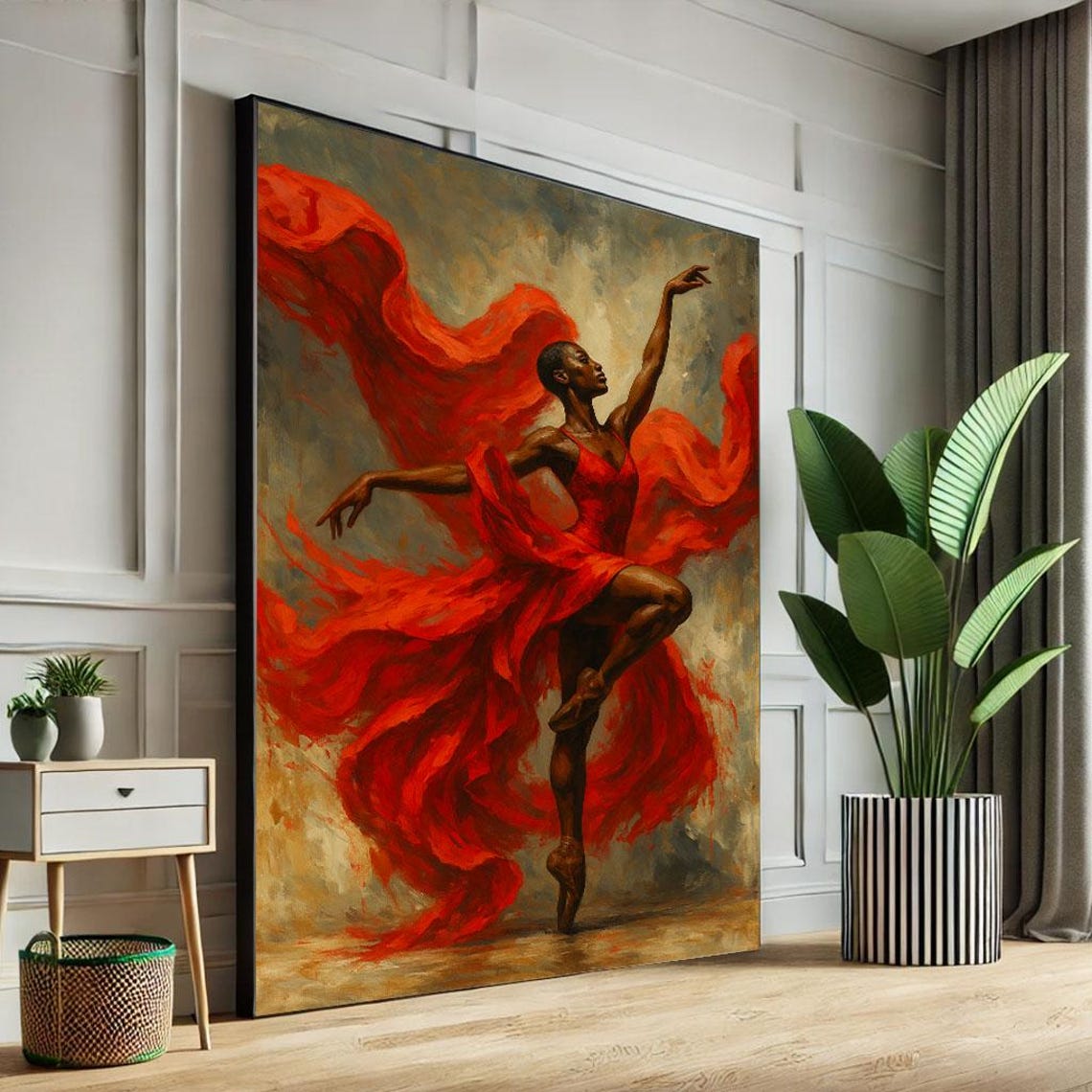 Dramatic African Dancer In Red Flowing Dress Ballet Art Poster