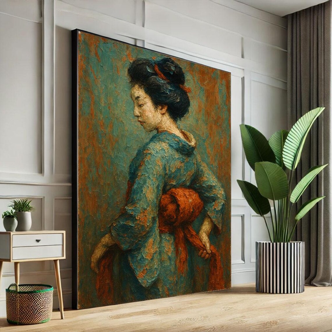 Geisha Teal Kimono Red Obi Painterly Vintage Japanese Portrait Poster