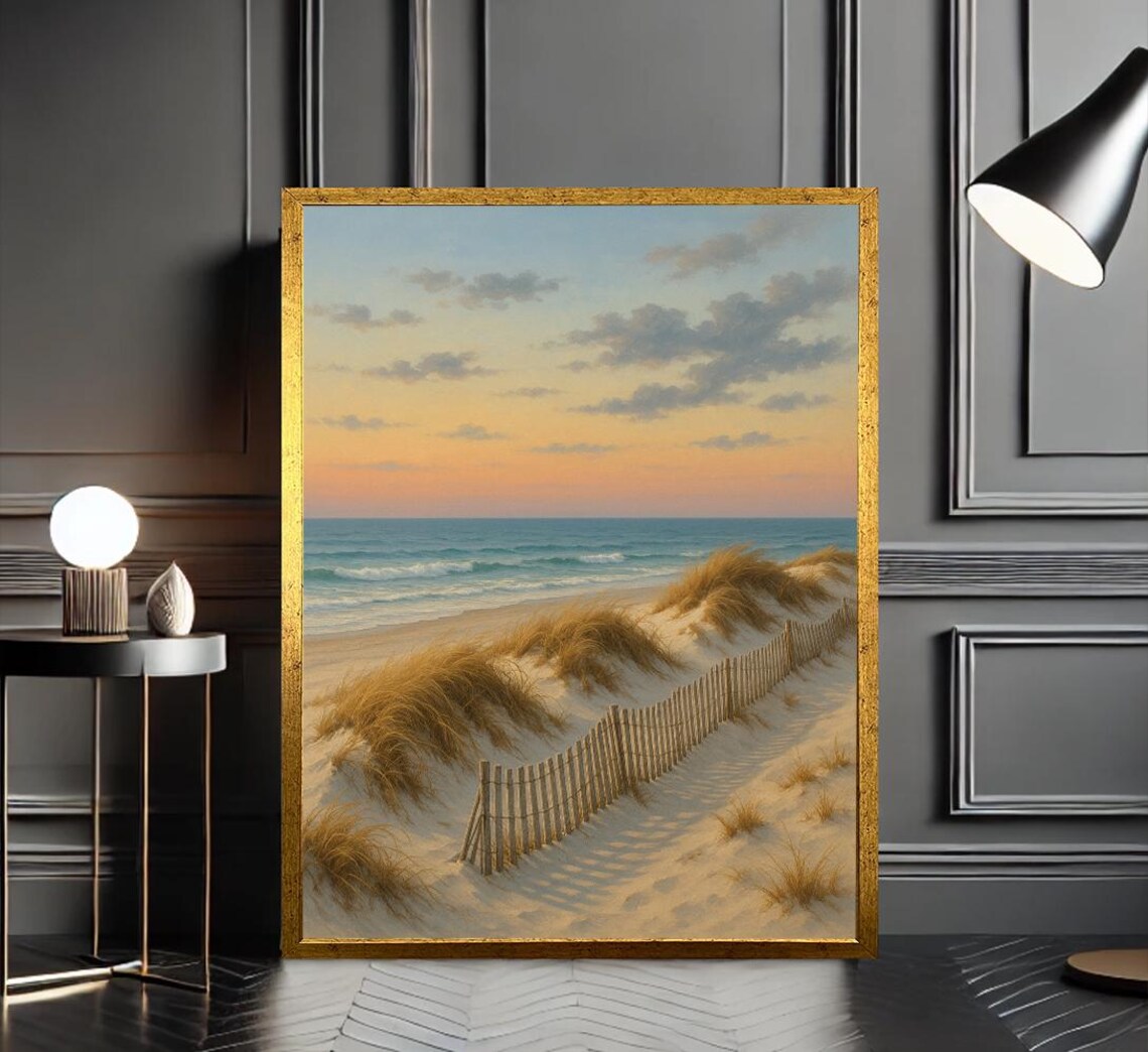 Coastal Sunset Beach Sand Dunes Ocean Fence Serene Seascape Poster