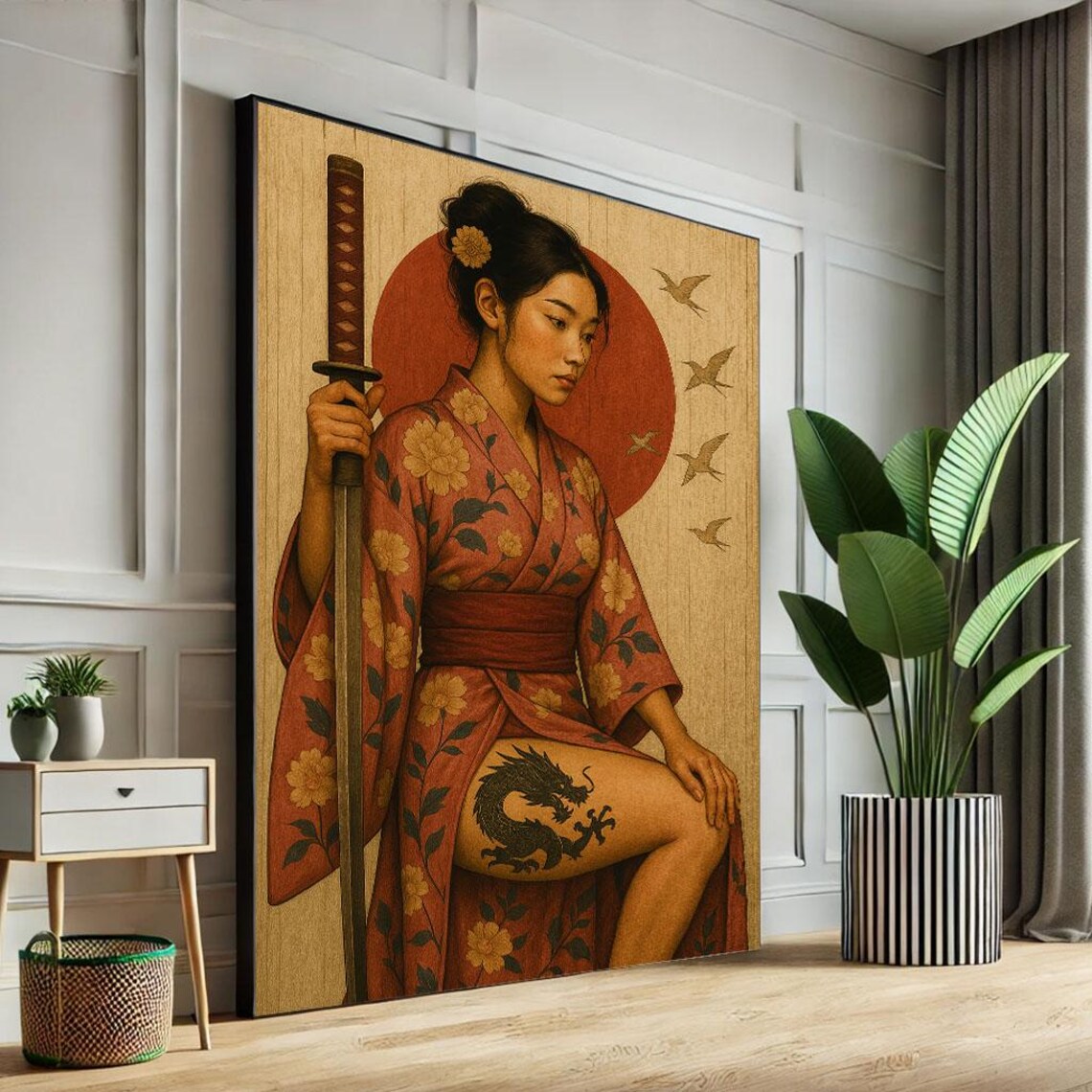 Samurai Woman Red Floral Kimono Katana Cranes Red Sun Poster