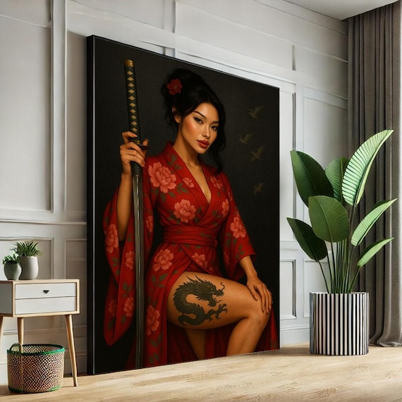 Samurai Woman In Red Kimono With Katana And Dragon Thigh Tattoo Poster