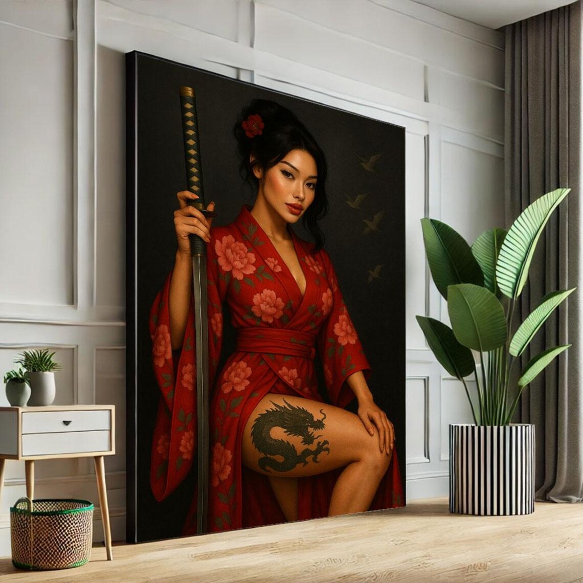 Samurai Woman In Red Kimono With Katana And Dragon Thigh Tattoo Poster