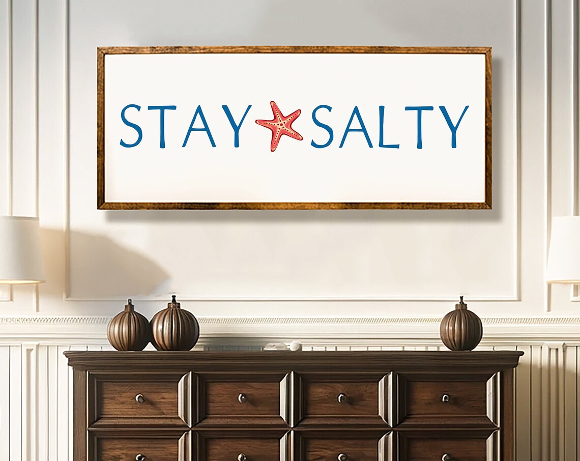 Stay Salty Starfish Coastal Beach House Blue Lettering Sign Wall Art