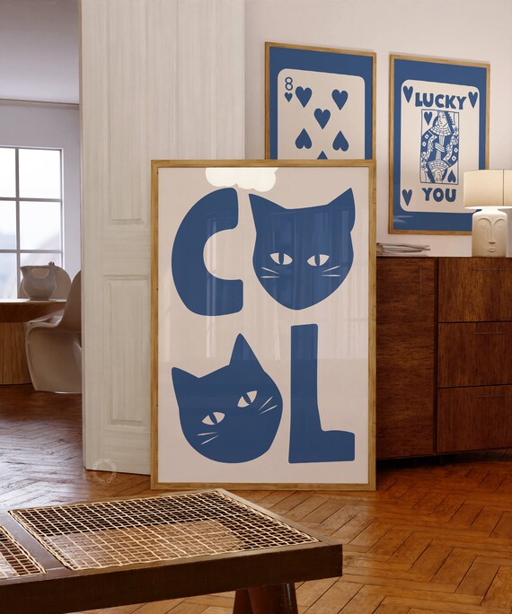 Cool Navy Blue Letters With Two Cat Head O Typography Poster