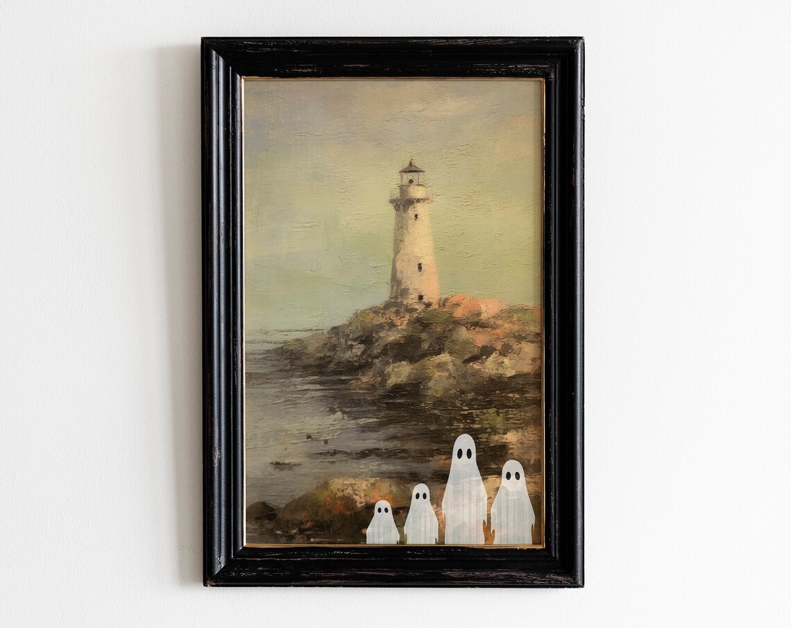 Ghost Friends Lighthouse Rocky Coast Vintage Halloween Wall Art - Image 3