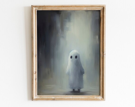 Spooky Tiny Baby Ghost in Moody Mist Vintage Halloween Poster