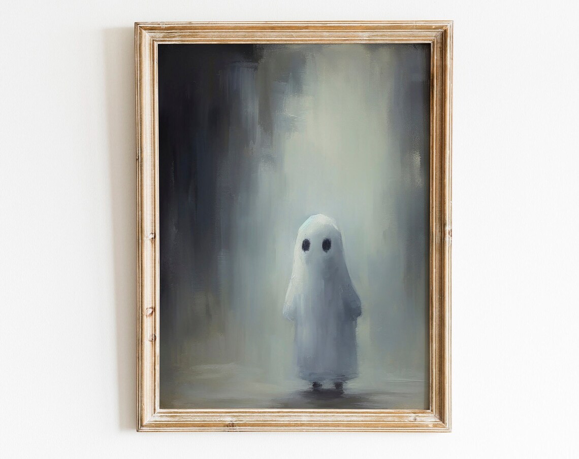 Spooky Tiny Baby Ghost in Moody Mist Vintage Halloween Poster