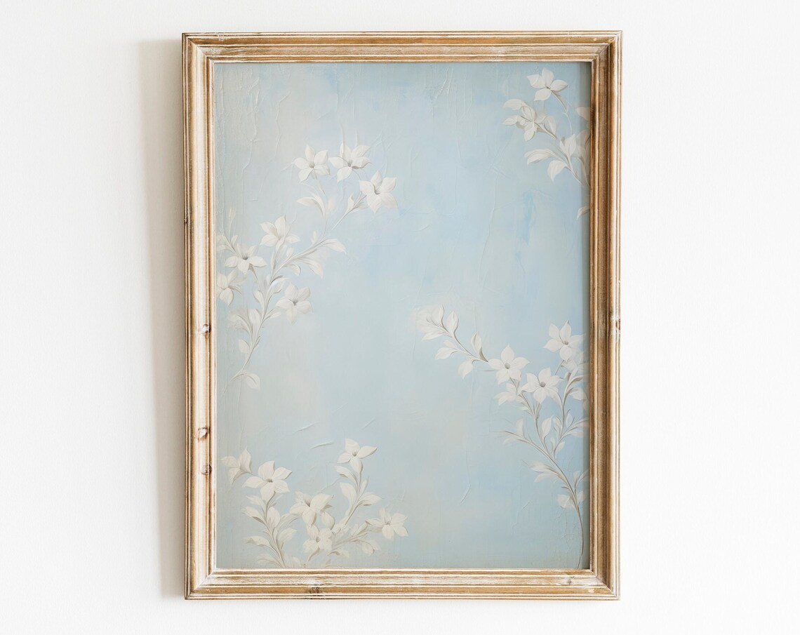 Serene Elegant Blue White Floral Botanical Vintage Style Art Print