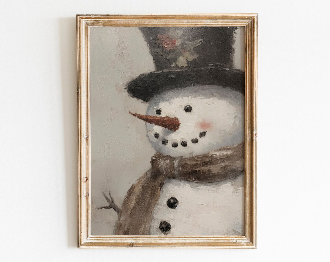 Vintage Snowman with Top Hat and Scarf Oil Painting Style Poster