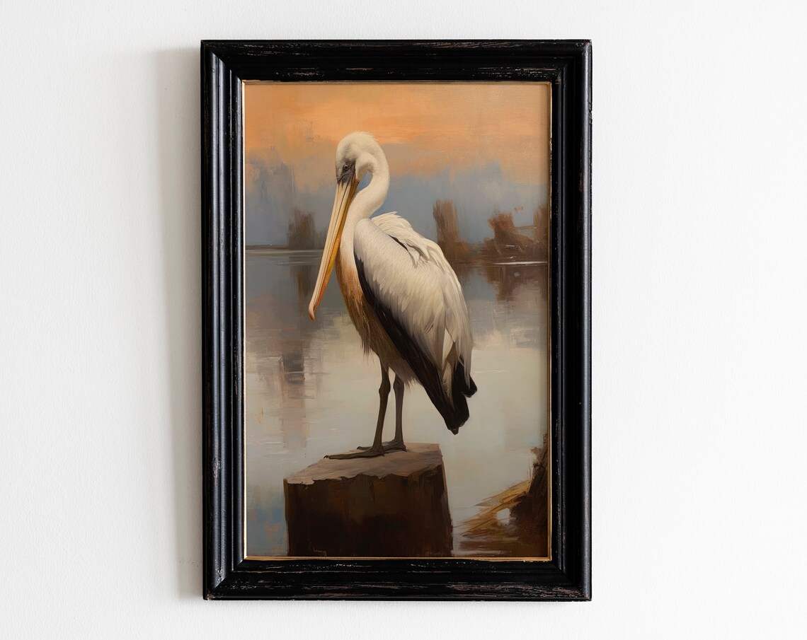 White Pelican on Wooden Piling Sunset Vintage Wildlife Painting Poster