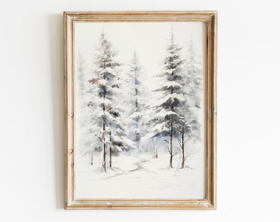 Fir Trees Sketch Vintage Winter Print Farmhouse Wall Decor Winter Wall Art Snowy Vintage Decor Wall Art