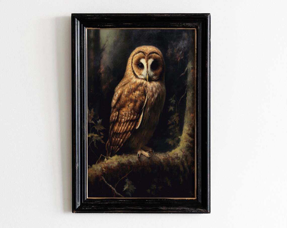 Tawny Owl on Mossy Branch Dark Vintage Wildlife Painting Poster
