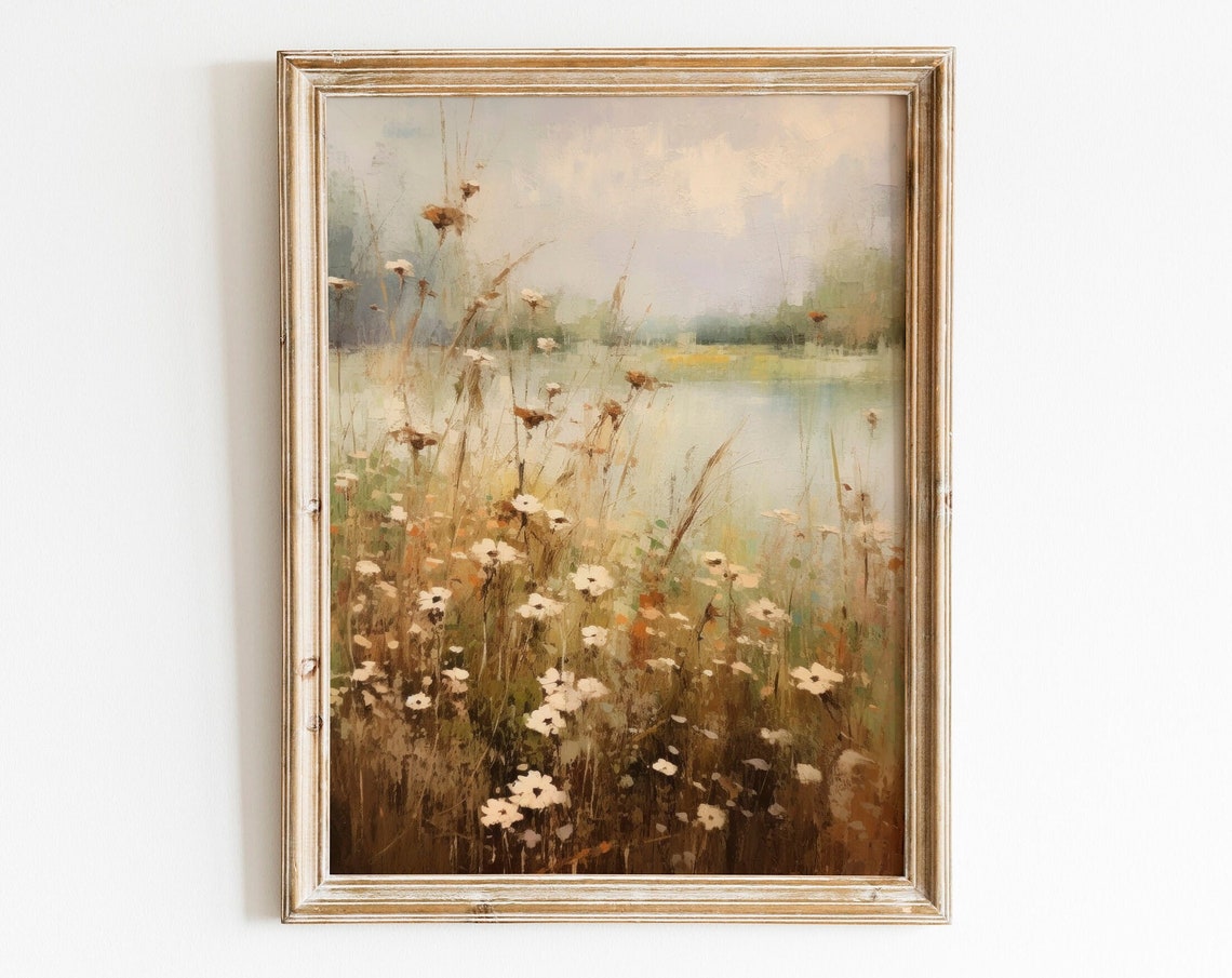 Wildflower Pond French Country Print Vintage Farmhouse Art Landscape Art Aesthetic Wall Art Vintage Decor