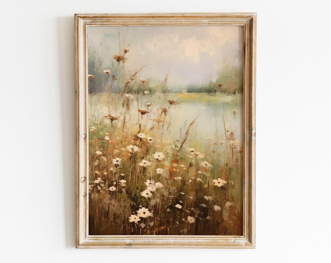 Wildflower Pond Lakeside Misty Meadow French Country Art Poster