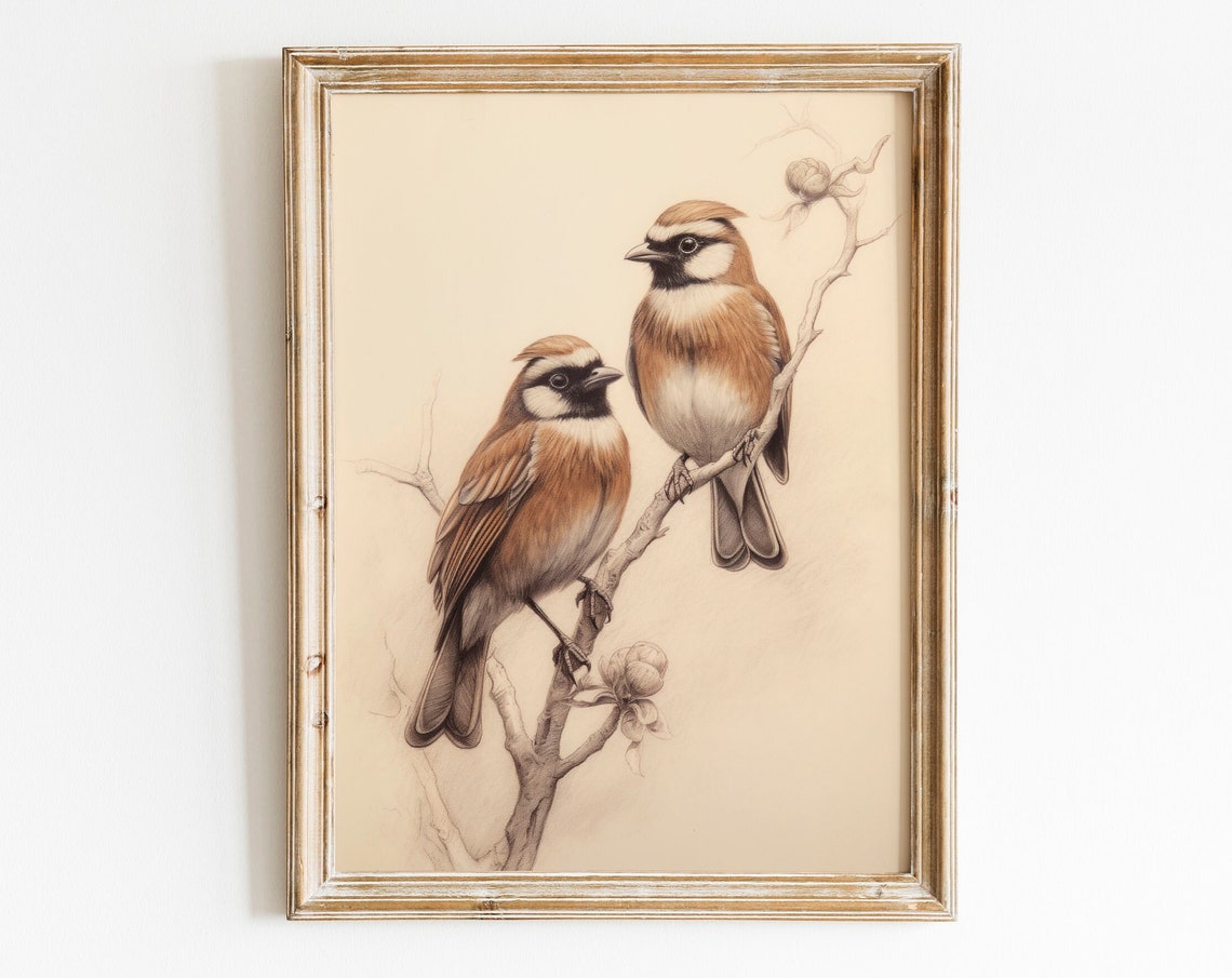 Two Crested Songbirds on Branch Vintage Sepia Illustration Poster