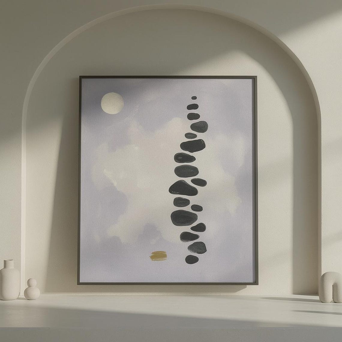 Minimalist Zen Stone Cairn Abstract Art Print for Calm Interiors