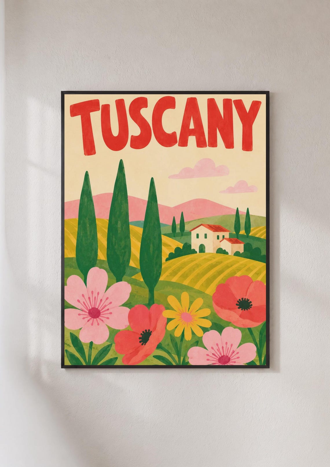 Tuscany Italy Cypress Hills Villa Colorful Floral Travel Poster