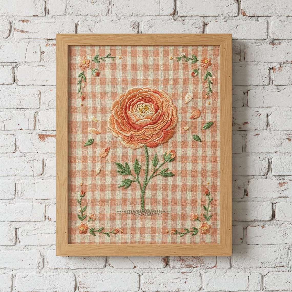 Orange Ranunculus Embroidery on Peach Gingham Floral Art Print