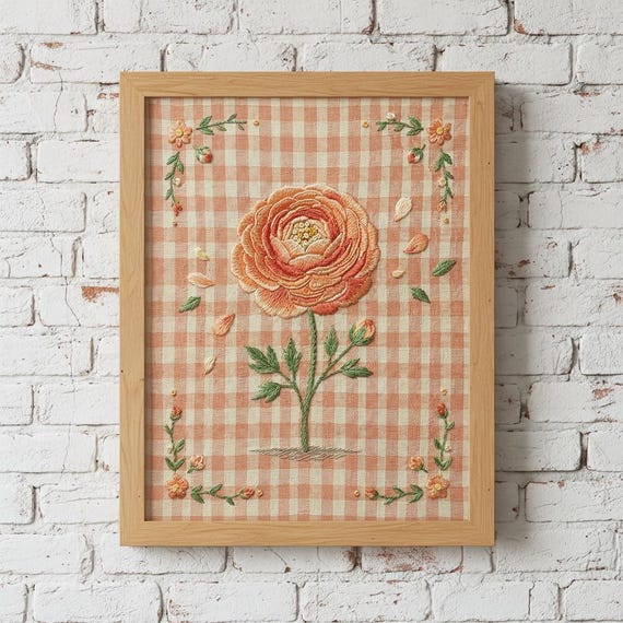 Embroidered Ranunculus Flower Stem Art Print Cottagecore Botanical Wall Vintage Floral Illustration
