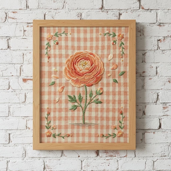 Orange Ranunculus Embroidery on Peach Gingham Floral Art Print