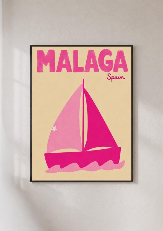 Malaga Spain Travel Poster Retro Sailboat Wall Art Pink Costa Del Sol Print