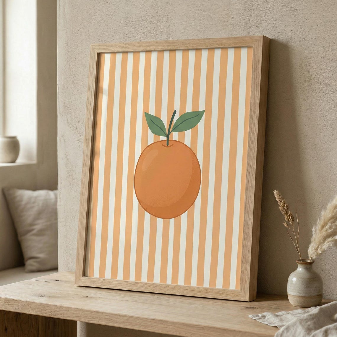 Orange Stripe Fruit Print Minimalist Kitchen Wall Art Citrus Illustration