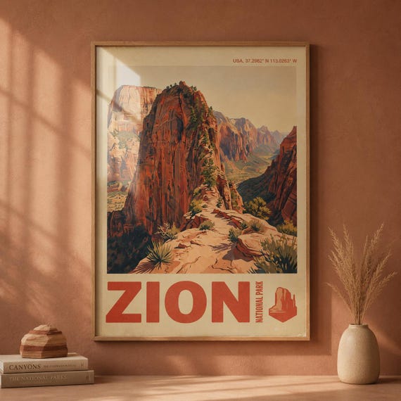 Zion National Park Print Vintage Utah Travel Poster Southwest Desert Landscape Wall Art