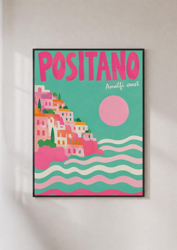 Positano Amalfi Coast Travel Poster Italy Wall Art Retro Pink Teal Print