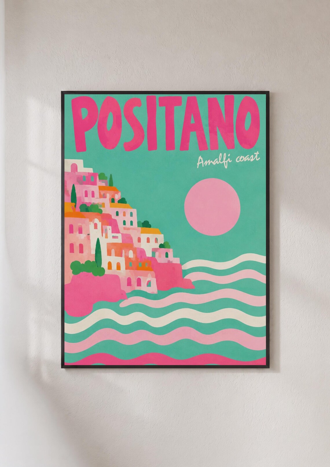 Positano Amalfi Coast Italy Travel Poster Pink and Teal Retro Art
