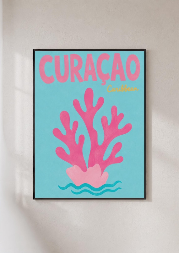 Curacao Caribbean Pink Coral Reef Retro Tropical Island Travel Poster