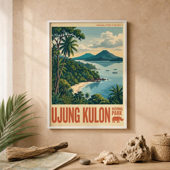 Ujung Kulon National Park Indonesia Vintage Coast Travel Poster