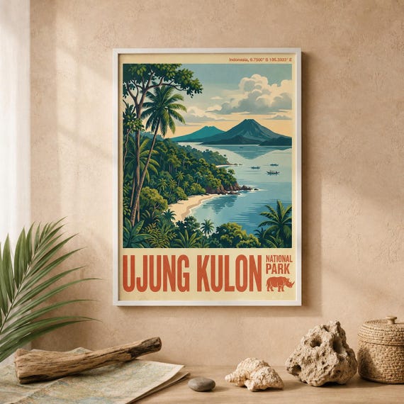 Ujung Kulon National Park Print Vintage Indonesia Travel Poster Tropical Coast Landscape