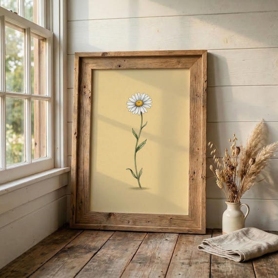 Minimalist Daisy Botanical Print Yellow Floral Wall Art Cottage Garden Poster