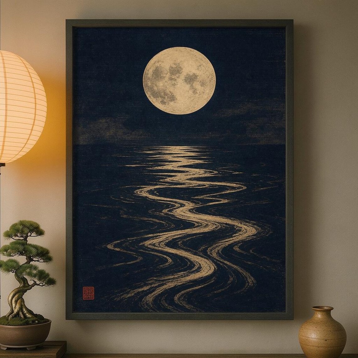 Japanese Full Moon Dark Water Gold Ripple Abstract Art Poster