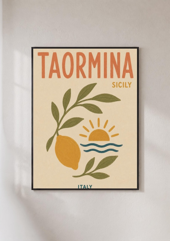 Taormina Sicily Retro Travel Poster Lemon Branch Sun Sea Italy