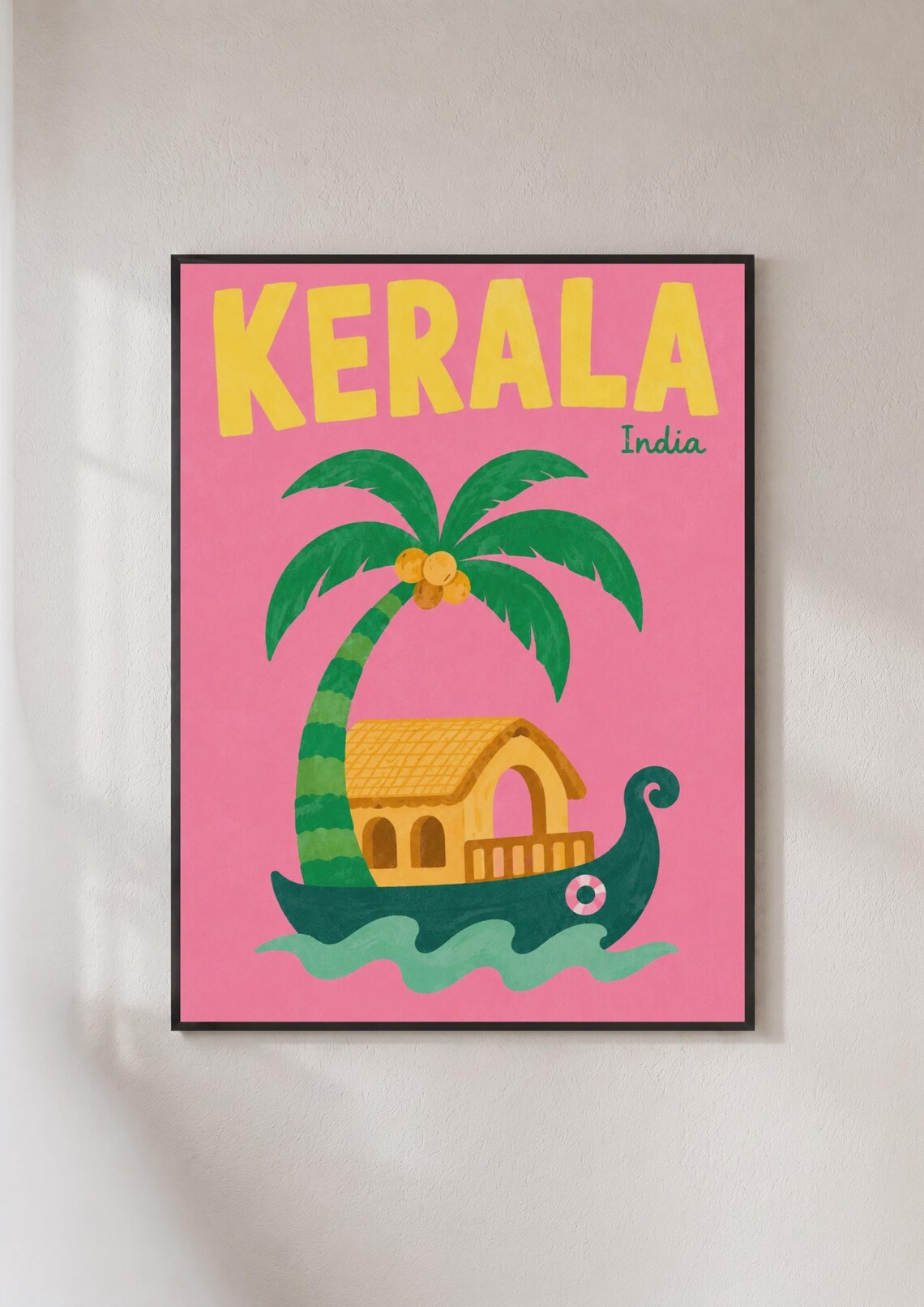 Kerala India Retro Houseboat Palm Tree Pink Travel Art Poster