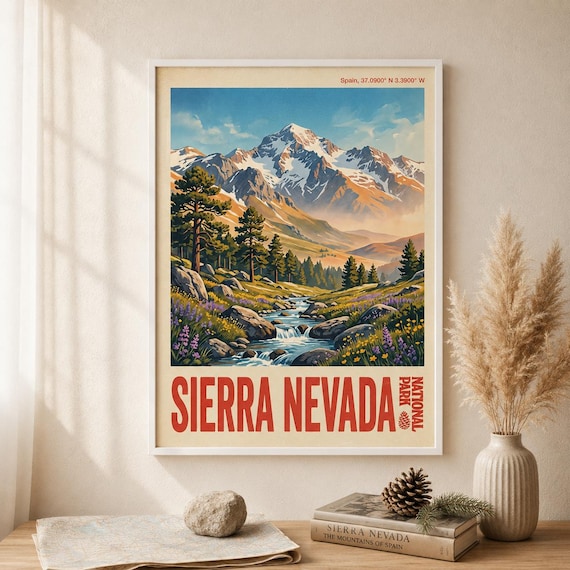 Sierra Nevada National Park Spain Vintage Poster Snowy Peaks
