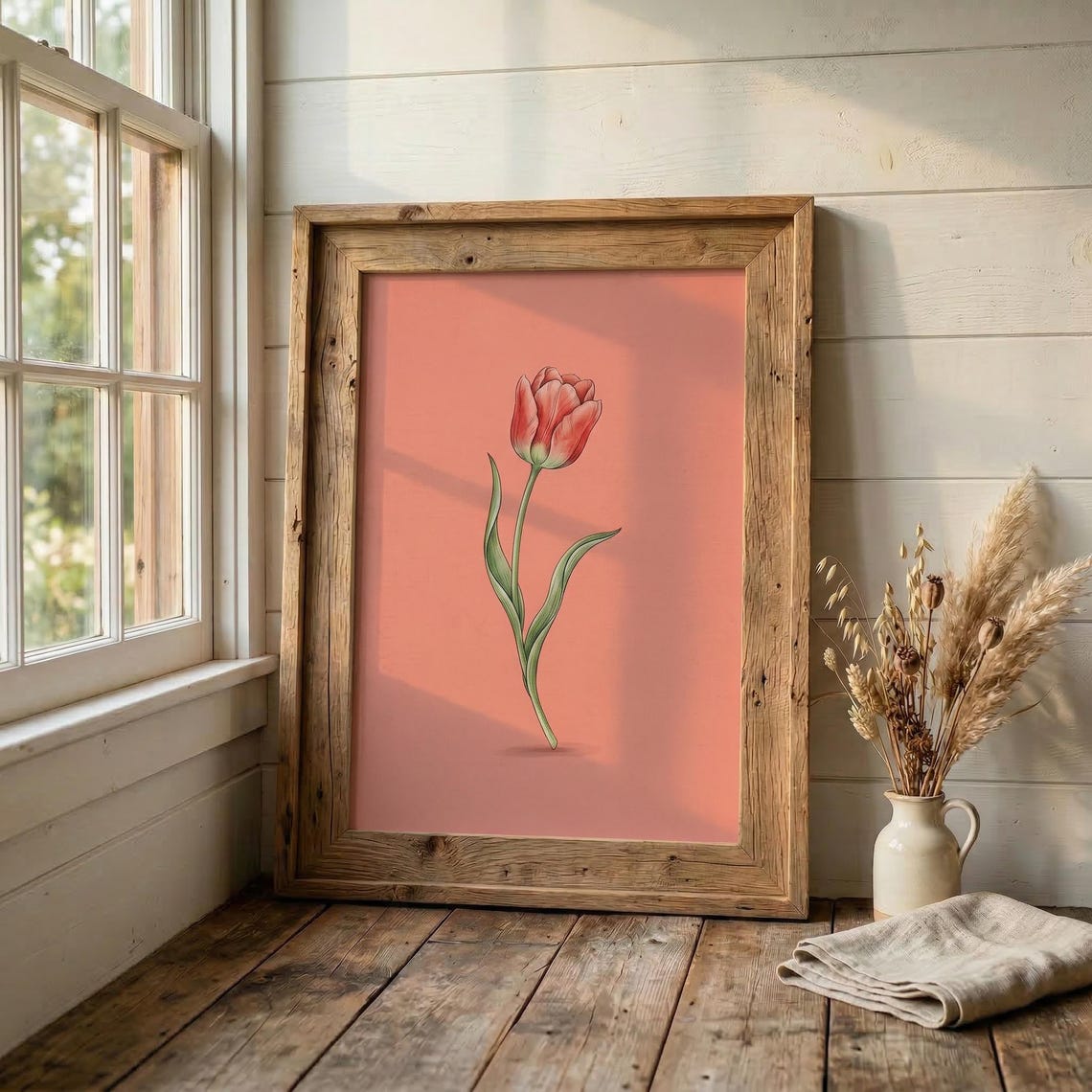 Minimalist Tulip Botanical Print Single Stem Illustration Cottage Garden Wall Art