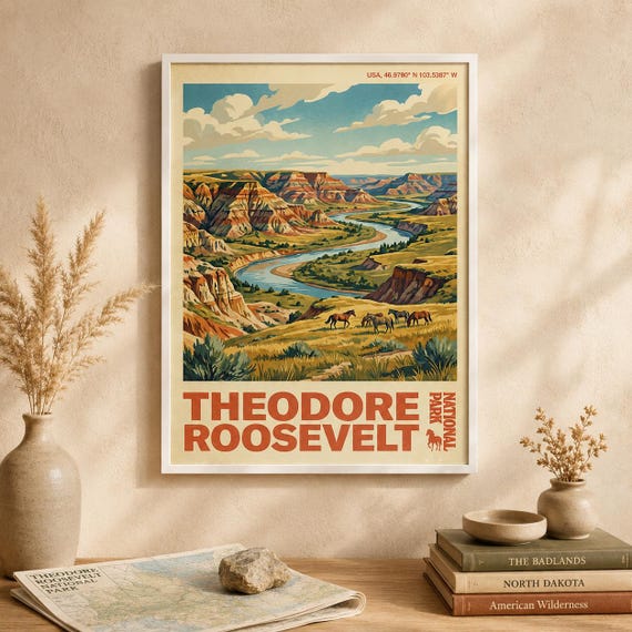Theodore Roosevelt National Park Print Vintage Badlands Landscape Poster North Dakota Travel Art