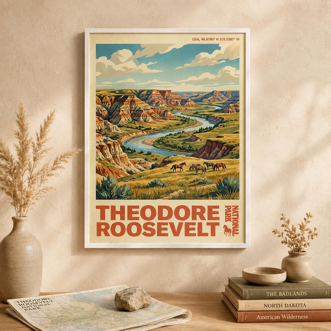Theodore Roosevelt National Park Badlands Horses River Travel Poster