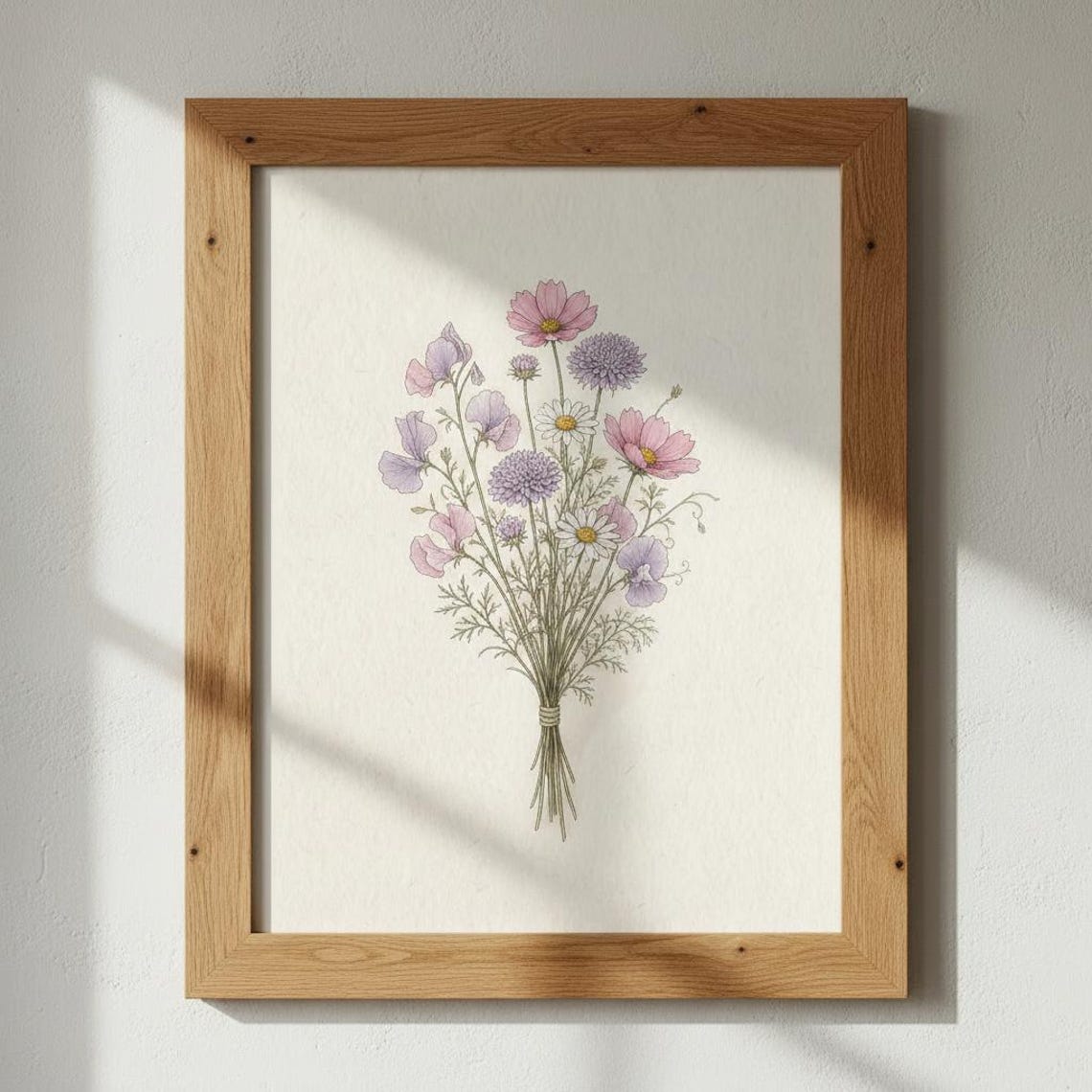 Sweet Pea Cosmos Botanical Bouquet Print Soft Pink Wildflower Art