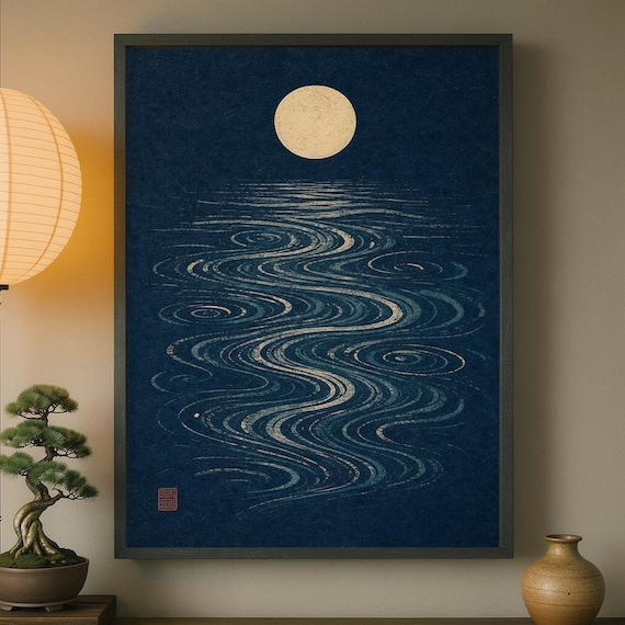 Japanese Moon Reflection Print Zen Water Abstract Wall Art