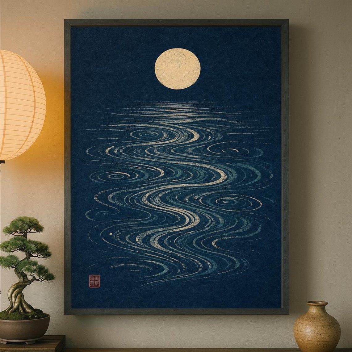 Japanese Full Moon Indigo Swirl Water Zen Ripple Night Poster