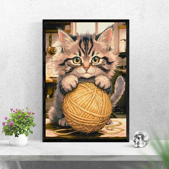 Cat With Yarn, Playful Feline Art Print