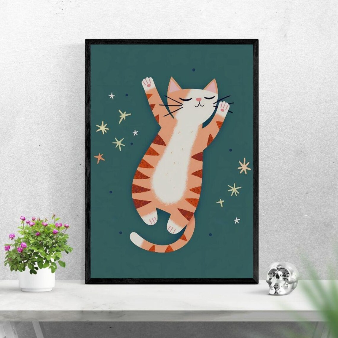 Happy Stretching Cartoon Cat Playful Teal Starry Night Kids Wall Art