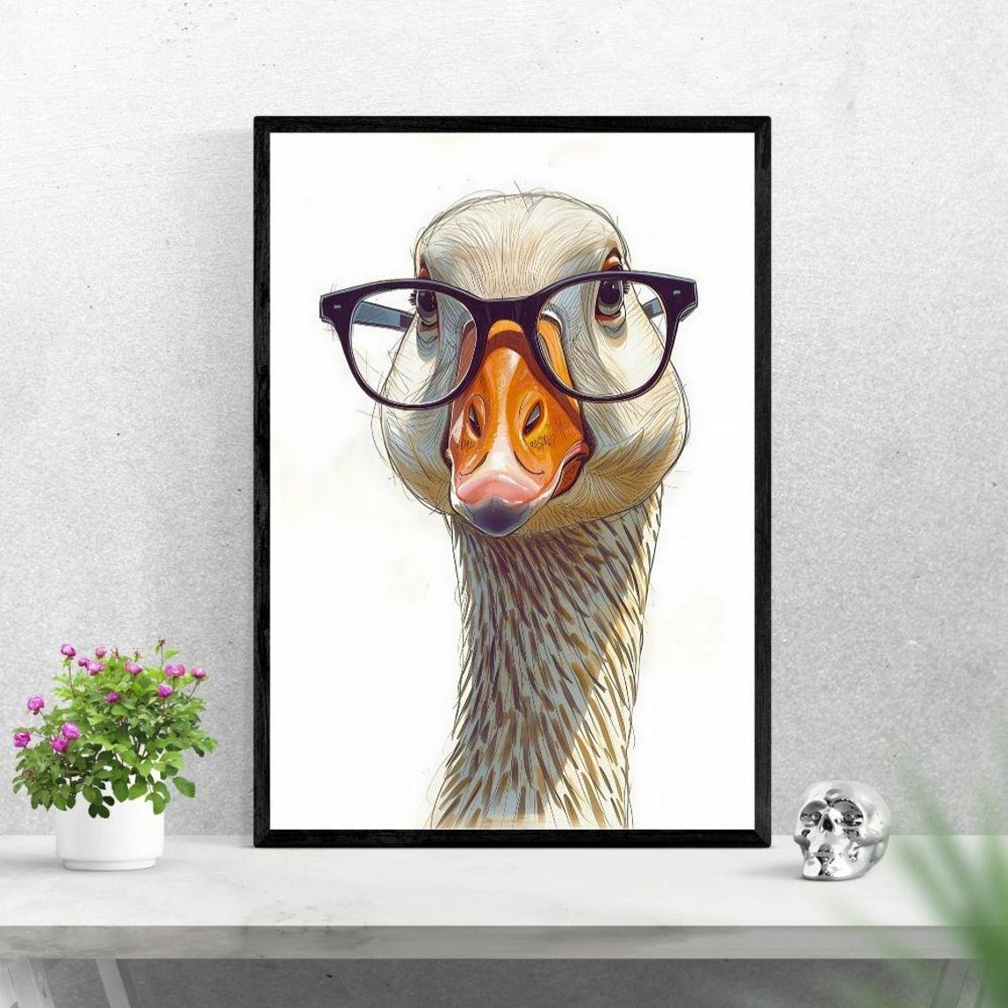 Funny White Goose Wearing Glasses Sketchy Portrait Bird Art Poster