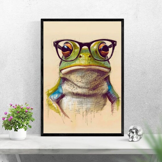 Funny Green Frog Wearing Glasses Sketchy Portrait Animal Art Poster