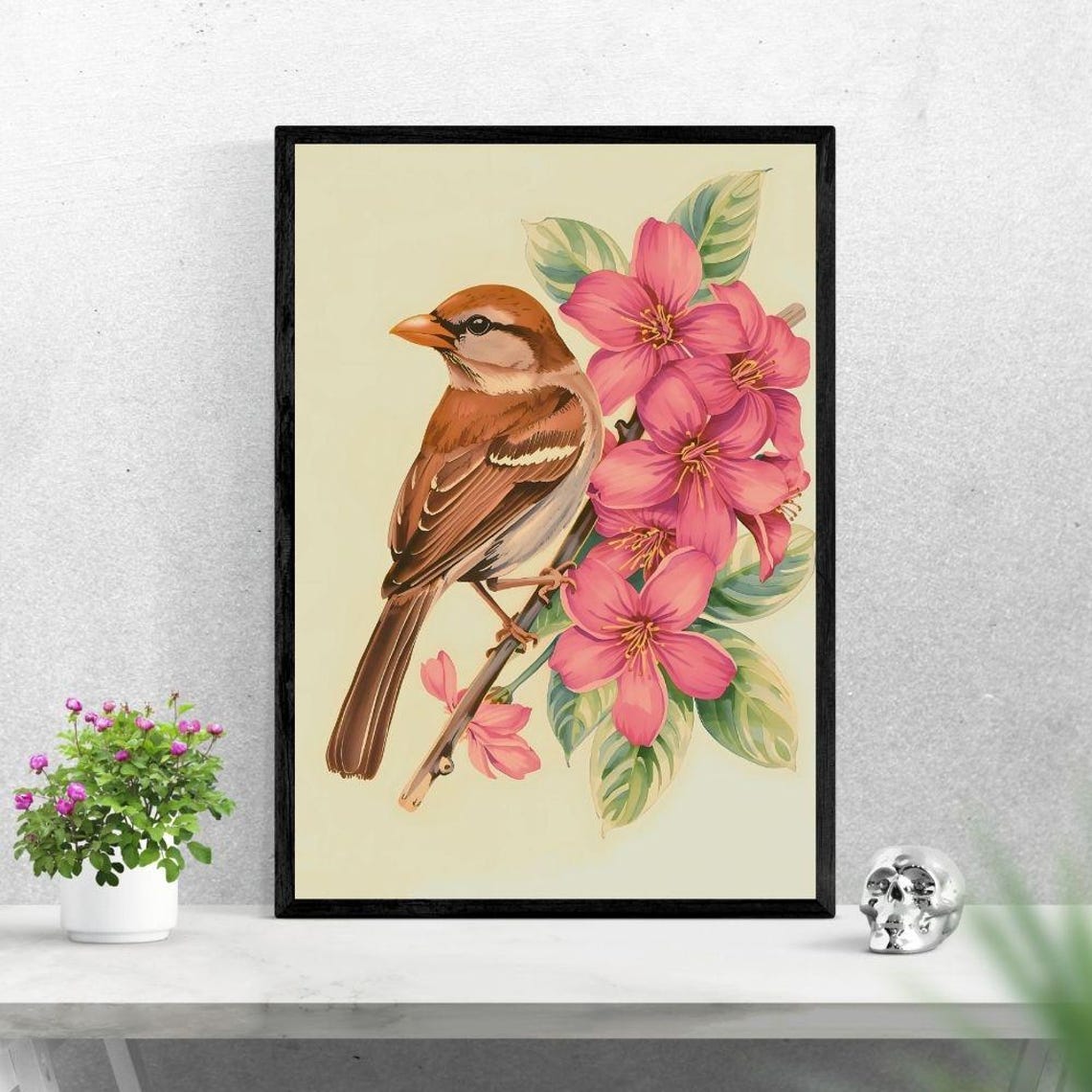 Vintage Sparrow Bird with Blossom Flowers Retro Wall Art Decor