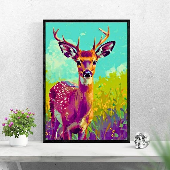 Wildlife Deer Illustration Highresolution Wall Art Nature Floral Meadow Scene